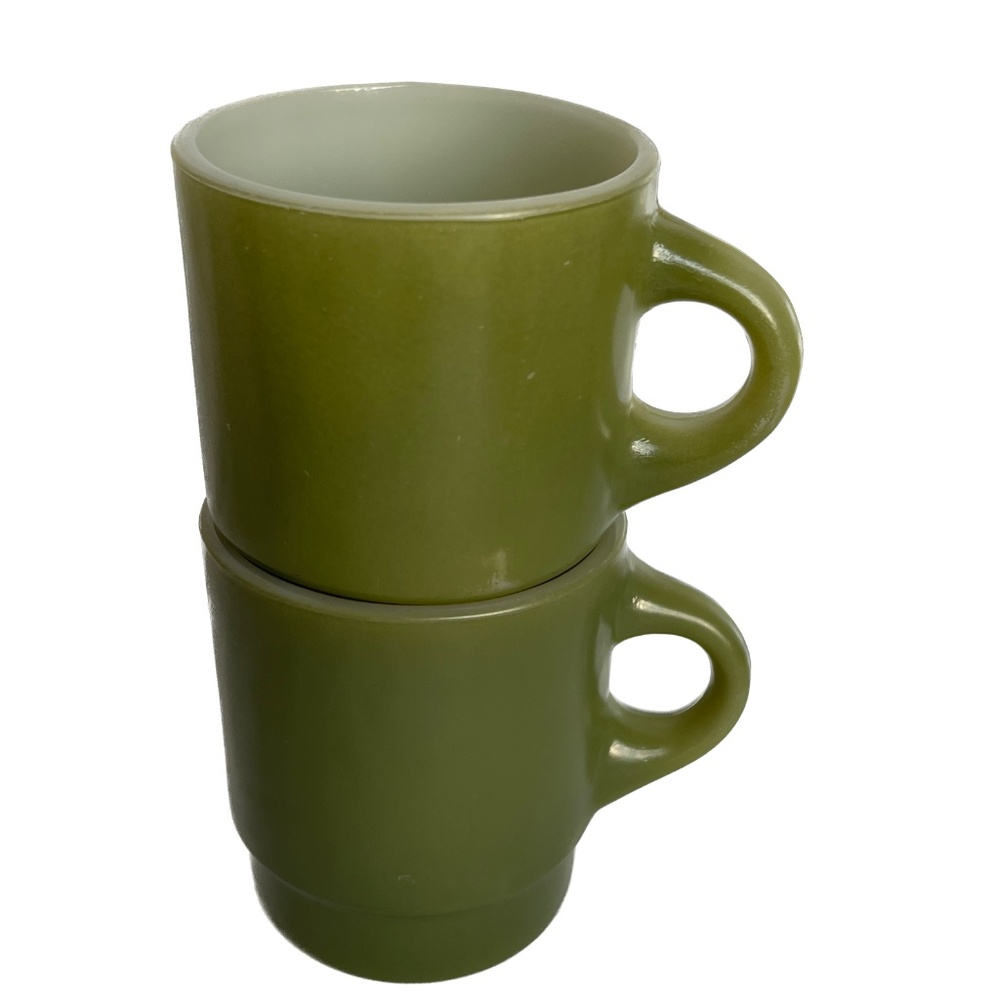 2 Vintage Fire King Mugs Anchor Hocking Stackable Avacado Green Coffee Cups 8 oz